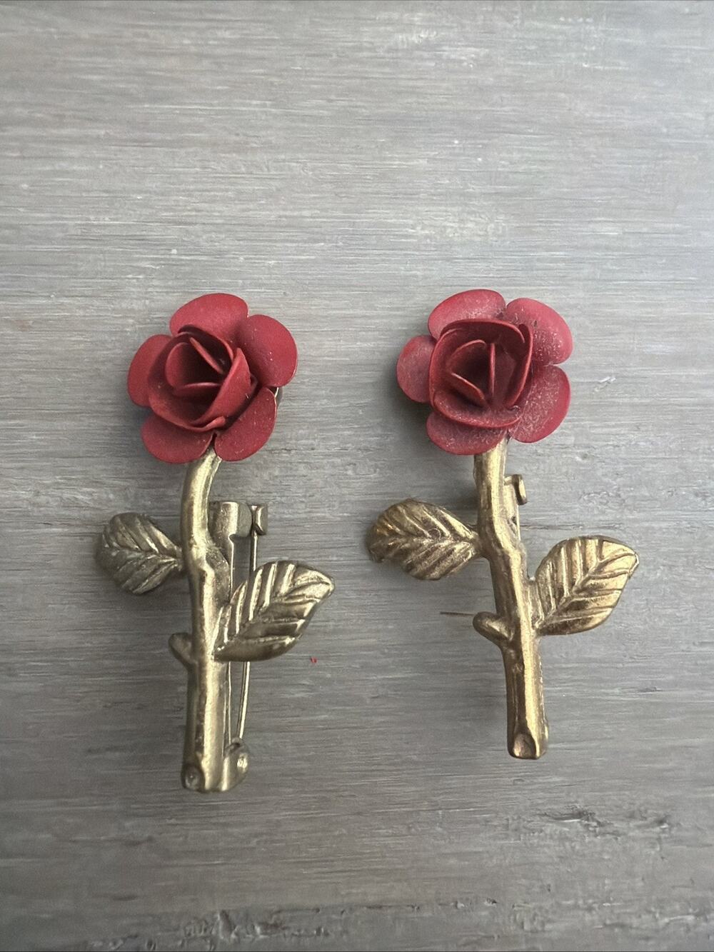Vintage Brooch - Set of 2 Gold Tone Metal Rose Flower Red Layered Petals